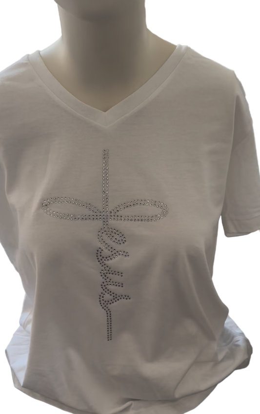Jesus Rhinestone V-Neck Tee